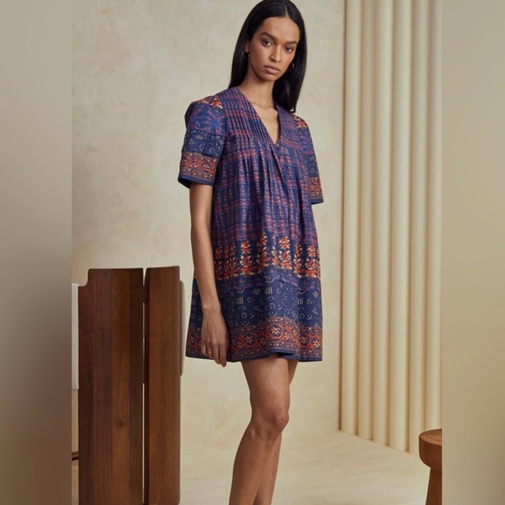 HUNTER BELL Navy Blue & Rust Patterned Mini Dress